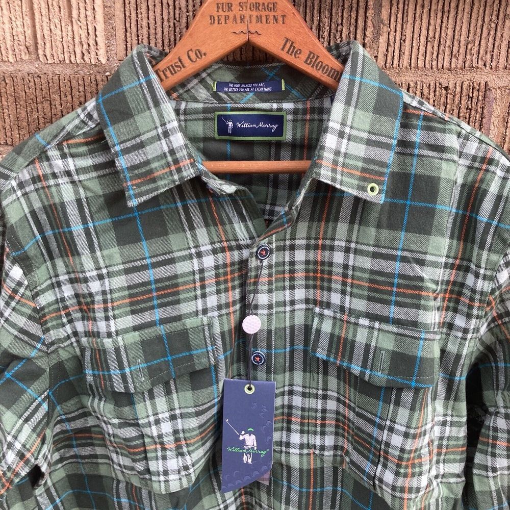 William Murray‎ Mens Medium Green Flannel Button Up Blue Orange Windowpane Check